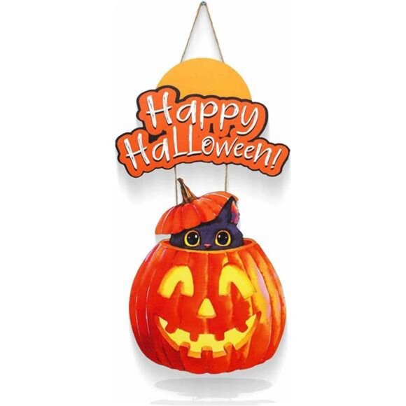 Halloween Pumpkin Hanging Sign Wooden Happy Halloween Decor for Front Door - Picture 1 of 8